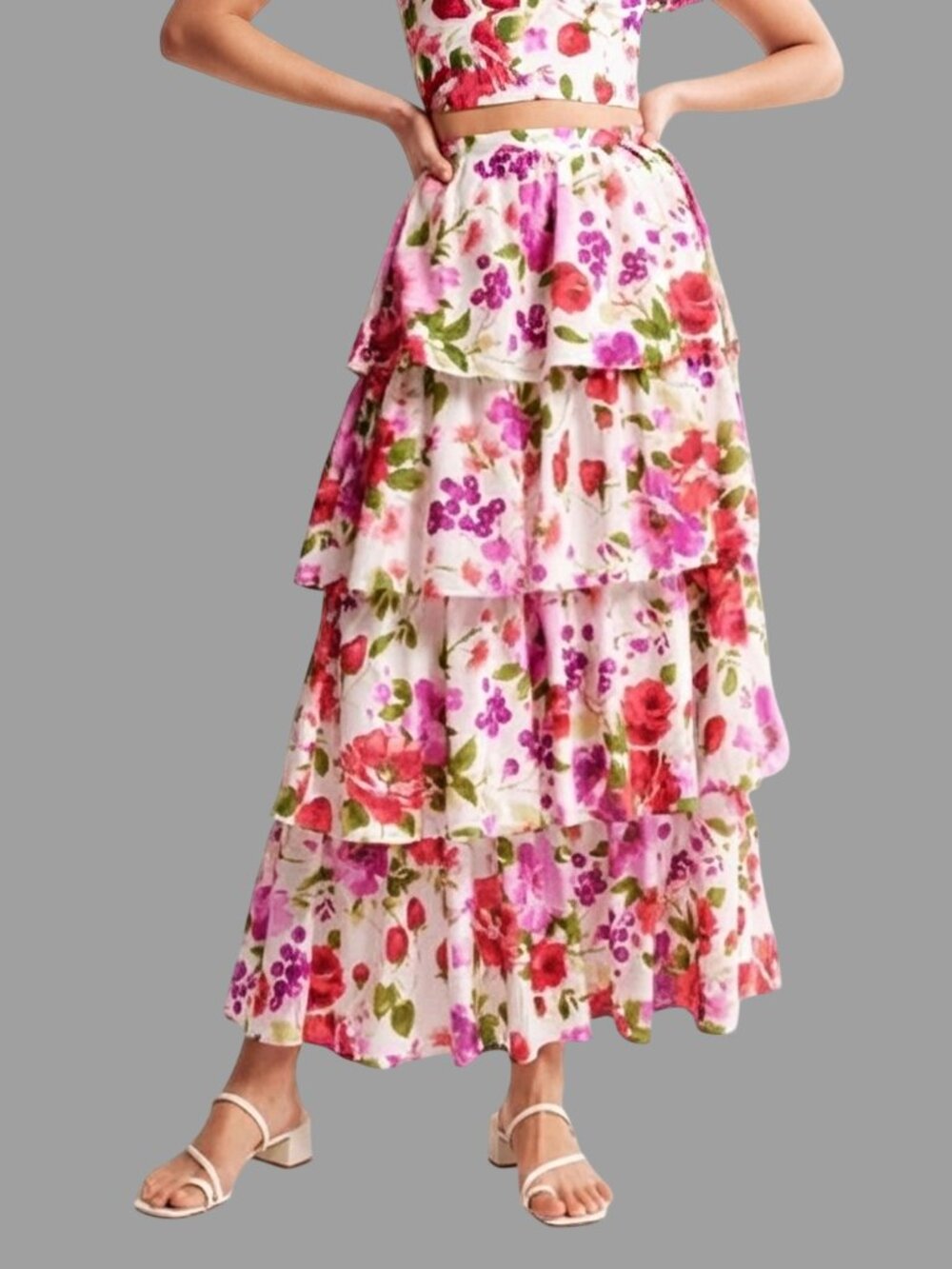 Abercrombie & Fitch Floral Drama Tiered Maxi Skirt White Small Tall